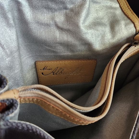 Miss Albright Anthropologie bag denim blue brown leather beading shoulder strap - Picture 4 of 9